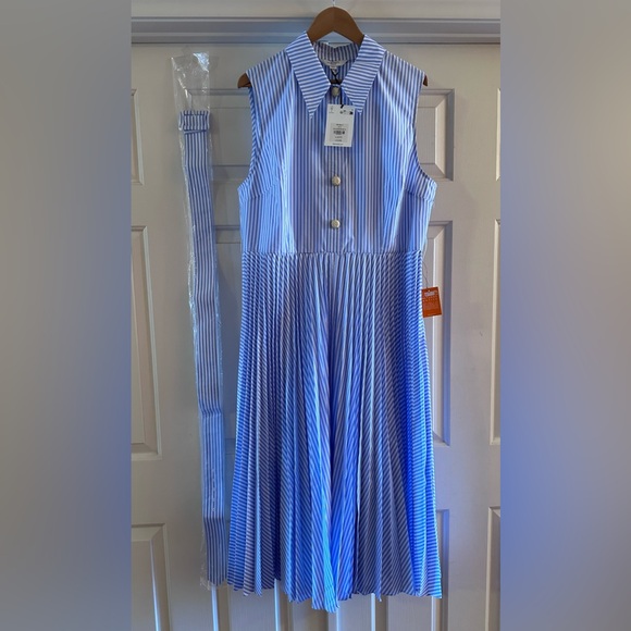 LK Bennett Pleated Blue White Stripe Hally Dress - Size 14 - NEW - Picture 2 of 15